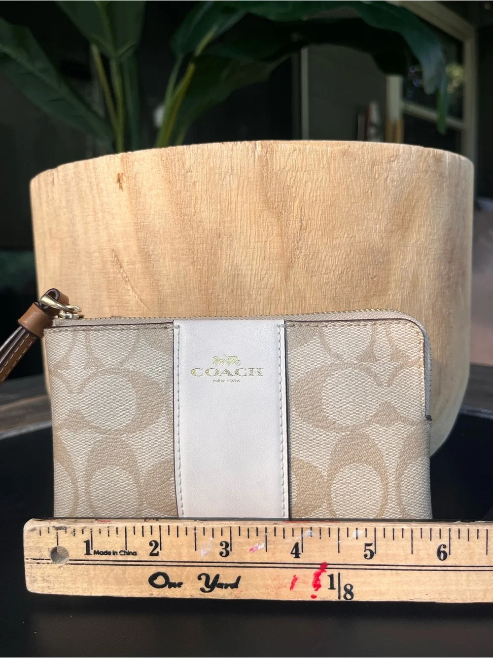 Coach Beige Signature Canvas Wristlet with Cream Center Panel